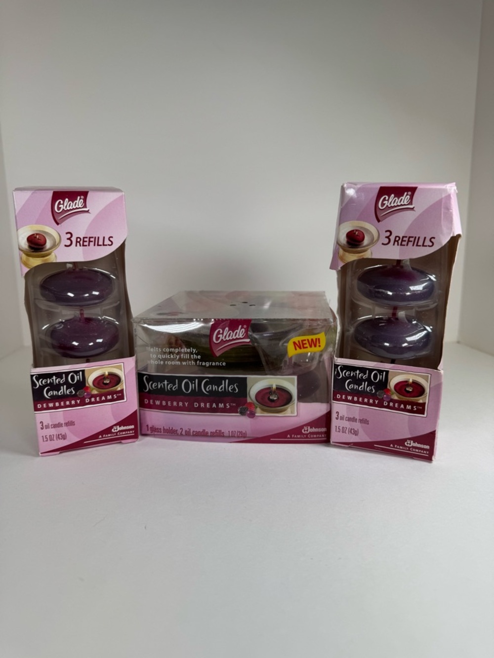2 Boxes (6) 1 Glass Holder (2 Refills) Glade Oil Candles Refills Dewberry Dreams